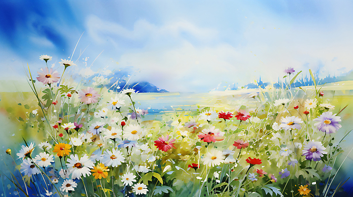 JPG 꽃 꽃밭 일러스트 자연 수채화 풍경 사람없음 봄 그림 화사함 국내일러스트 AI일러스트 AI콘텐츠 식물 계절 컨셉 생태계 파일형식