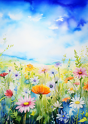 JPG 꽃 꽃밭 일러스트 자연 수채화 풍경 사람없음 봄 그림 화사함 국내일러스트 AI일러스트 AI콘텐츠 식물 계절 컨셉 생태계 파일형식