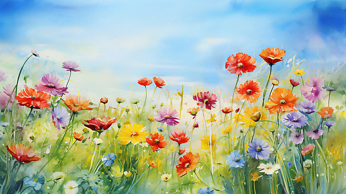 JPG 꽃 꽃밭 일러스트 자연 수채화 풍경 사람없음 봄 그림 화사함 국내일러스트 AI일러스트 AI콘텐츠 식물 계절 컨셉 생태계 파일형식