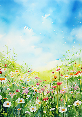 JPG 꽃 꽃밭 일러스트 자연 수채화 풍경 사람없음 봄 그림 화사함 국내일러스트 AI일러스트 AI콘텐츠 식물 계절 컨셉 생태계 파일형식