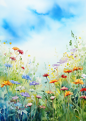 JPG 꽃 꽃밭 일러스트 자연 수채화 풍경 사람없음 봄 그림 화사함 국내일러스트 AI일러스트 AI콘텐츠 식물 계절 컨셉 생태계 파일형식