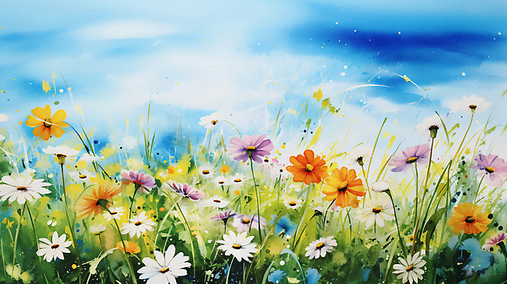 JPG 꽃 꽃밭 일러스트 자연 수채화 풍경 사람없음 봄 그림 화사함 국내일러스트 AI일러스트 AI콘텐츠 식물 계절 컨셉 생태계 파일형식