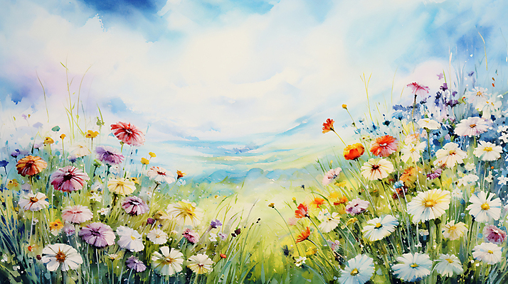 JPG 꽃 꽃밭 일러스트 자연 수채화 풍경 사람없음 봄 그림 화사함 국내일러스트 AI일러스트 AI콘텐츠 식물 계절 컨셉 생태계 파일형식