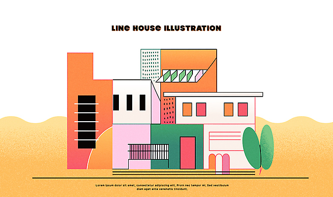 나무 선 일러스트 주택 사람없음 건물 주황색 심플 국내일러스트 AI파일 식물 건축물 컬러 파일형식 벡터