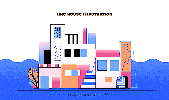 나무 선 일러스트 주택 사람없음 건물 파란색 심플 국내일러스트 AI파일 식물 건축물 컬러 파일형식 벡터