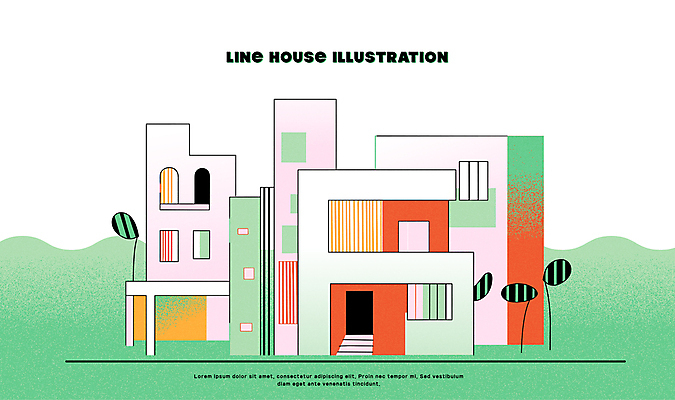 나무 선 일러스트 주택 사람없음 건물 초록색 심플 국내일러스트 AI파일 식물 건축물 컬러 파일형식 벡터