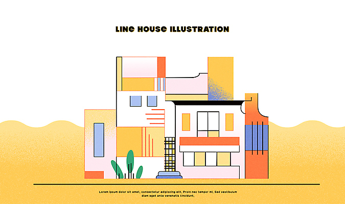 나무 선 일러스트 주택 사람없음 건물 노란색 심플 국내일러스트 AI파일 식물 건축물 컬러 파일형식 벡터