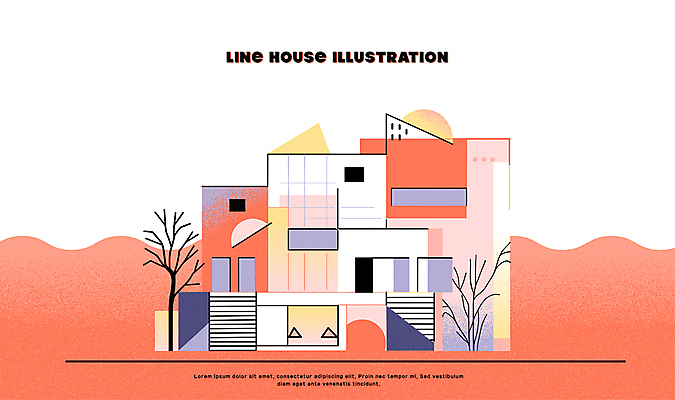 나무 선 일러스트 주택 사람없음 건물 주황색 심플 국내일러스트 AI파일 식물 건축물 컬러 파일형식 벡터