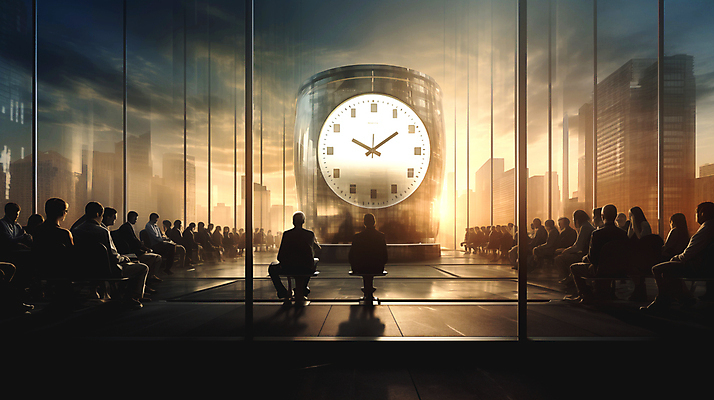 JPG 전신 편집이미지 여자 남자 시계 비즈니스 사람 여러명 성인 뒷모습 유행 시간 바쁨 러시아워 분초사회 2024트렌드 편집실사 AI포토 AI콘텐츠 뷰포인트 다수 교통 CG 신조어 파일형식 2024년