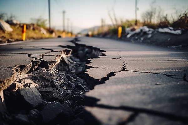 JPG 편집이미지 도로 사람없음 회색 균열 위험 아스팔트 자연재해 사건 붕괴 깨짐 지진 편집실사 AI포토 AI콘텐츠 길 컬러 컨셉 교통시설 모션 CG 재해 파일형식