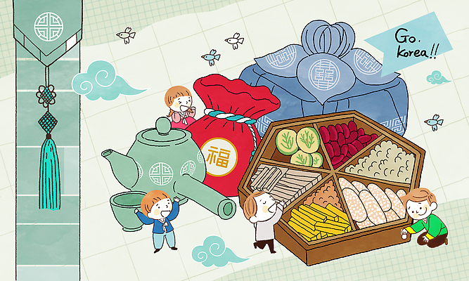 전신 PSD 한국전통 여자 남자 어린이 일러스트 조류 새해 복주머니 선물 서기 앉기 소녀 소년 여러명 희망 보자기 찻잔 한복 찻주전자 보따리 노리개 격자 한과 명절음식 구름모양 어린이만 국내일러스트 모양 동물 전통 감정 음식 다수 무늬 모션 주전자 디저트 잔 전통소품 한국 사람 전통음식 전통의상 파일형식 천_직물 구름_자연