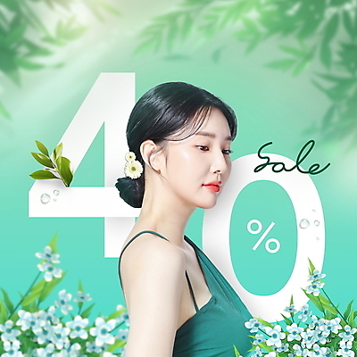 PSD 편집이미지 여자 꽃 잎 나뭇잎 한명 상반신 20대 성인 초록색 세일 봄 한국인 민트색 봄맞이 의료성형뷰티 성인여자한명만 이미지편집 식물 1 계절 컬러 사람 동양인 청년 여자한명만 성인여자만 파일형식