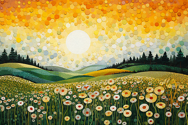 JPG 나무 꽃 백그라운드 일러스트 풍경 초원 사람없음 태양 일몰 점묘화 국내일러스트 AI일러스트 AI콘텐츠 자연요소 식물 미술 노을 파일형식