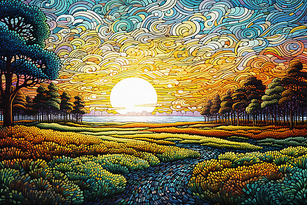 JPG 나무 꽃 바다 백그라운드 일러스트 풍경 초원 사람없음 태양 일몰 점묘화 국내일러스트 AI일러스트 AI콘텐츠 자연요소 식물 미술 노을 파일형식