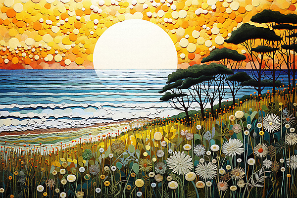 JPG 나무 꽃 바다 백그라운드 일러스트 풍경 초원 사람없음 태양 일몰 점묘화 국내일러스트 AI일러스트 AI콘텐츠 자연요소 식물 미술 노을 파일형식