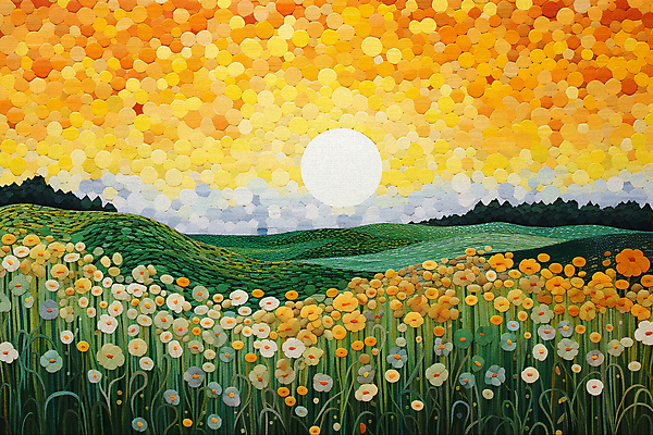 JPG 나무 꽃 백그라운드 일러스트 풍경 초원 사람없음 태양 일몰 점묘화 국내일러스트 AI일러스트 AI콘텐츠 자연요소 식물 미술 노을 파일형식