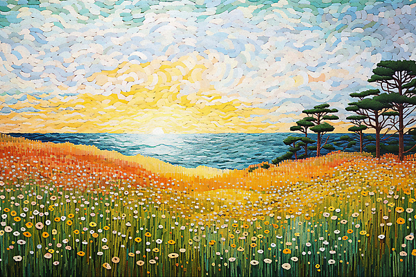 JPG 나무 꽃 바다 백그라운드 일러스트 풍경 초원 사람없음 태양 일몰 점묘화 국내일러스트 AI일러스트 AI콘텐츠 자연요소 식물 미술 노을 파일형식