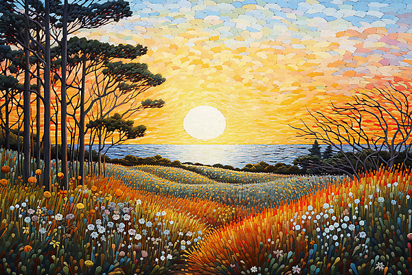 JPG 나무 꽃 바다 백그라운드 일러스트 풍경 초원 사람없음 태양 일몰 점묘화 국내일러스트 AI일러스트 AI콘텐츠 자연요소 식물 미술 노을 파일형식