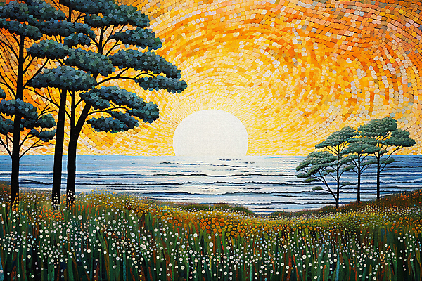 JPG 나무 꽃 바다 백그라운드 일러스트 풍경 초원 사람없음 태양 일몰 점묘화 국내일러스트 AI일러스트 AI콘텐츠 자연요소 식물 미술 노을 파일형식