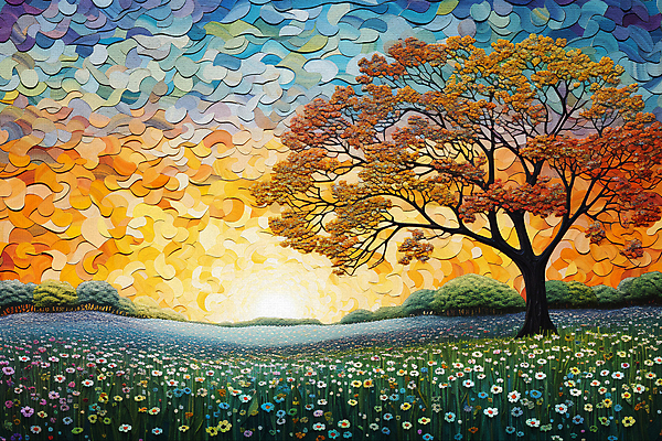 JPG 나무 꽃 백그라운드 일러스트 풍경 초원 사람없음 태양 일몰 점묘화 국내일러스트 AI일러스트 AI콘텐츠 자연요소 식물 미술 노을 파일형식