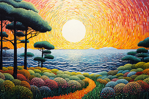 JPG 나무 꽃 바다 백그라운드 일러스트 풍경 초원 사람없음 태양 일몰 점묘화 국내일러스트 AI일러스트 AI콘텐츠 자연요소 식물 미술 노을 파일형식