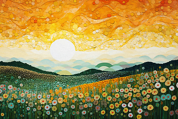 JPG 나무 꽃 백그라운드 일러스트 풍경 초원 사람없음 태양 일몰 점묘화 국내일러스트 AI일러스트 AI콘텐츠 자연요소 식물 미술 노을 파일형식