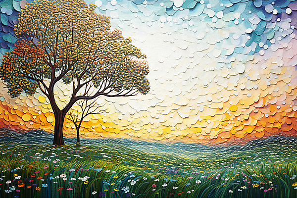 JPG 나무 꽃 백그라운드 일러스트 풍경 초원 사람없음 태양 일몰 점묘화 국내일러스트 AI일러스트 AI콘텐츠 자연요소 식물 미술 노을 파일형식
