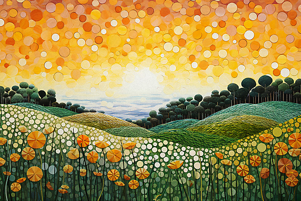 JPG 나무 꽃 백그라운드 일러스트 풍경 초원 사람없음 태양 일몰 점묘화 국내일러스트 AI일러스트 AI콘텐츠 자연요소 식물 미술 노을 파일형식