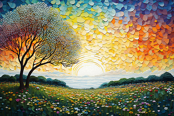 JPG 나무 꽃 백그라운드 일러스트 풍경 초원 사람없음 태양 일몰 점묘화 국내일러스트 AI일러스트 AI콘텐츠 자연요소 식물 미술 노을 파일형식