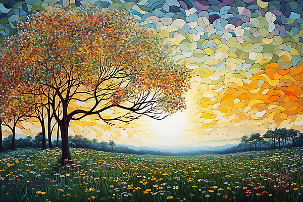 JPG 나무 꽃 백그라운드 일러스트 풍경 초원 사람없음 태양 일몰 점묘화 국내일러스트 AI일러스트 AI콘텐츠 자연요소 식물 미술 노을 파일형식