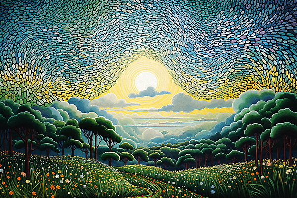 JPG 나무 꽃 백그라운드 일러스트 풍경 초원 사람없음 태양 일몰 점묘화 국내일러스트 AI일러스트 AI콘텐츠 자연요소 식물 미술 노을 파일형식