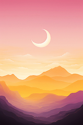 JPG 구름 백그라운드 일러스트 자연 하늘 산 풍경 사람없음 노을 주황색 일몰 달 초승달 국내일러스트 AI일러스트 AI콘텐츠 자연요소 컬러 생태계 파일형식