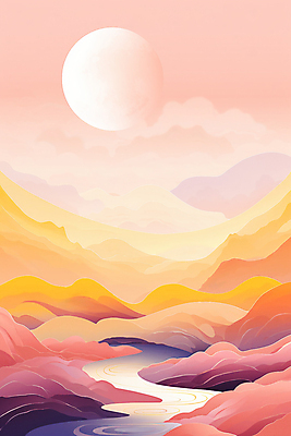 JPG 구름 백그라운드 일러스트 자연 하늘 산 풍경 사람없음 강 노을 주황색 일몰 달 국내일러스트 AI일러스트 AI콘텐츠 자연요소 컬러 생태계 파일형식