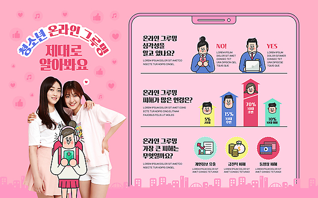 전신 템플릿 여자 남자 분홍색 청소년 어깨동무 그래프 들기 여러명 상반신 10대 스마트폰 한국인 얼굴모양 성범죄 십대만 그루밍성범죄 이미지템플릿 AI파일 모양 얼굴 컬러 포즈 다수 모션 사람 동양인 핸드폰 스마트기기 범죄 파일형식 벡터