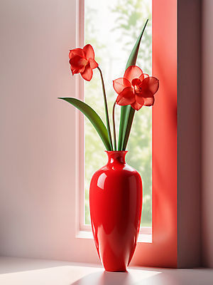 JPG 편집이미지 꽃 사람없음 빨간색 꽃병 봄 창가 디지털합성 편집소스 편집실사 AI포토 AI콘텐츠 식물 계절 컬러 창문 CG 파일형식