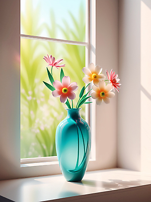 JPG 편집이미지 꽃 사람없음 꽃병 봄 창가 디지털합성 편집소스 편집실사 AI포토 AI콘텐츠 식물 계절 창문 CG 파일형식