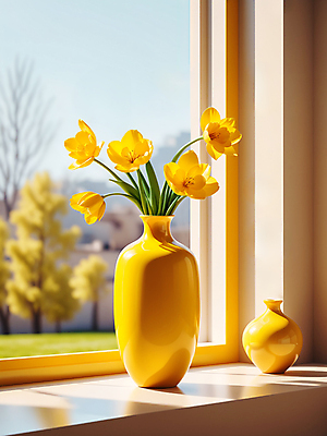 JPG 편집이미지 꽃 사람없음 노란색 꽃병 봄 창가 디지털합성 편집소스 편집실사 AI포토 AI콘텐츠 식물 계절 컬러 창문 CG 파일형식