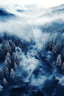 JPG 나무 편집이미지 백그라운드 겨울 자연 하늘 산 풍경 사람없음 골짜기 계곡 눈 숲 눈덮임 겨울배경 편집실사 AI포토 AI콘텐츠 자연요소 식물 계절 컨셉 날씨 CG 생태계 파일형식