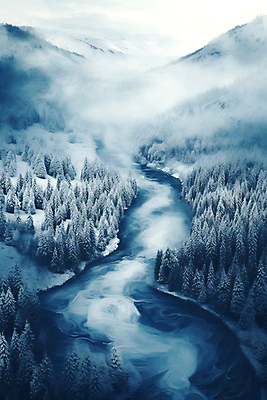 JPG 나무 편집이미지 백그라운드 겨울 자연 하늘 산 풍경 사람없음 골짜기 계곡 눈 숲 눈덮임 겨울배경 편집실사 AI포토 AI콘텐츠 자연요소 식물 계절 컨셉 날씨 CG 생태계 파일형식