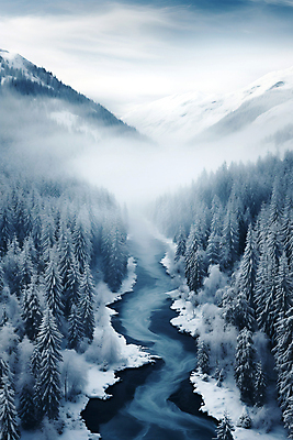 JPG 나무 편집이미지 백그라운드 겨울 자연 하늘 산 풍경 사람없음 골짜기 계곡 눈 숲 눈덮임 겨울배경 편집실사 AI포토 AI콘텐츠 자연요소 식물 계절 컨셉 날씨 CG 생태계 파일형식