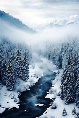 JPG 나무 편집이미지 백그라운드 겨울 자연 하늘 산 풍경 사람없음 골짜기 계곡 눈 숲 눈덮임 겨울배경 편집실사 AI포토 AI콘텐츠 자연요소 식물 계절 컨셉 날씨 CG 생태계 파일형식