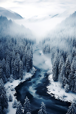 JPG 나무 편집이미지 백그라운드 겨울 자연 하늘 산 풍경 사람없음 골짜기 계곡 눈 숲 눈덮임 겨울배경 편집실사 AI포토 AI콘텐츠 자연요소 식물 계절 컨셉 날씨 CG 생태계 파일형식