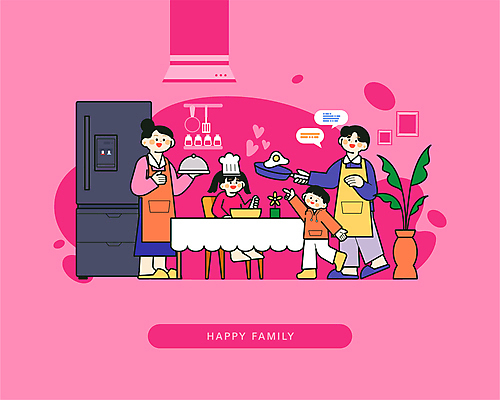 전신 여자 남자 어린이 분홍색 일러스트 가족 식탁 탁자 엄마 요리 들기 소녀 소년 여러명 성인 부모 화목 자녀 아빠 냉장고 국내일러스트 AI파일 컬러 가구 다수 컨셉 관계 모션 사람 가전제품 파일형식 벡터