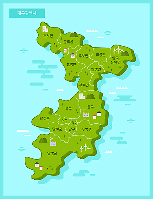 바다 하늘색 지도 일러스트 공장 주택 사람없음 건물 초록색 지역 대구광역시 대구시 국내일러스트 AI파일 건축물 컬러 공업 한국 파란색 파일형식 벡터