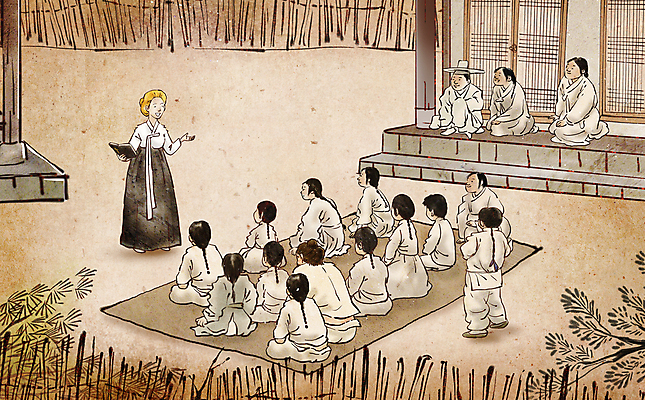 전신 PSD 외국인 여자 교육 남자 기독교 일러스트 수업 앉기 여러명 성인 한국인 역사 한복 조선시대 과거 선교사 베이지색 성인만 국내일러스트 한국전통 종교 컬러 다수 컨셉 모션 사람 동양인 인종 기독교인 전통의상 파일형식