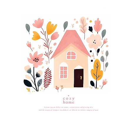 PSD 꽃 분홍색 일러스트 동화 수채화 주택 사람없음 파스텔톤 아기자기 국내일러스트 식물 컬러 컨셉 건물 파일형식