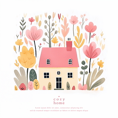 PSD 꽃 분홍색 일러스트 동화 수채화 주택 사람없음 파스텔톤 아기자기 국내일러스트 식물 컬러 컨셉 건물 파일형식
