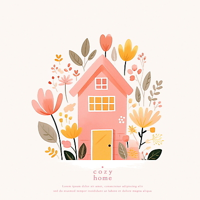 PSD 꽃 분홍색 일러스트 동화 수채화 주택 사람없음 파스텔톤 아기자기 국내일러스트 식물 컬러 컨셉 건물 파일형식