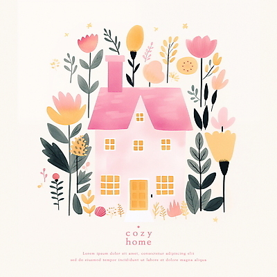 PSD 꽃 분홍색 일러스트 동화 수채화 주택 사람없음 파스텔톤 아기자기 국내일러스트 식물 컬러 컨셉 건물 파일형식