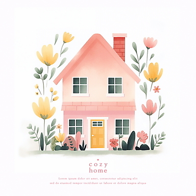 PSD 꽃 분홍색 일러스트 동화 수채화 주택 사람없음 파스텔톤 아기자기 국내일러스트 식물 컬러 컨셉 건물 파일형식